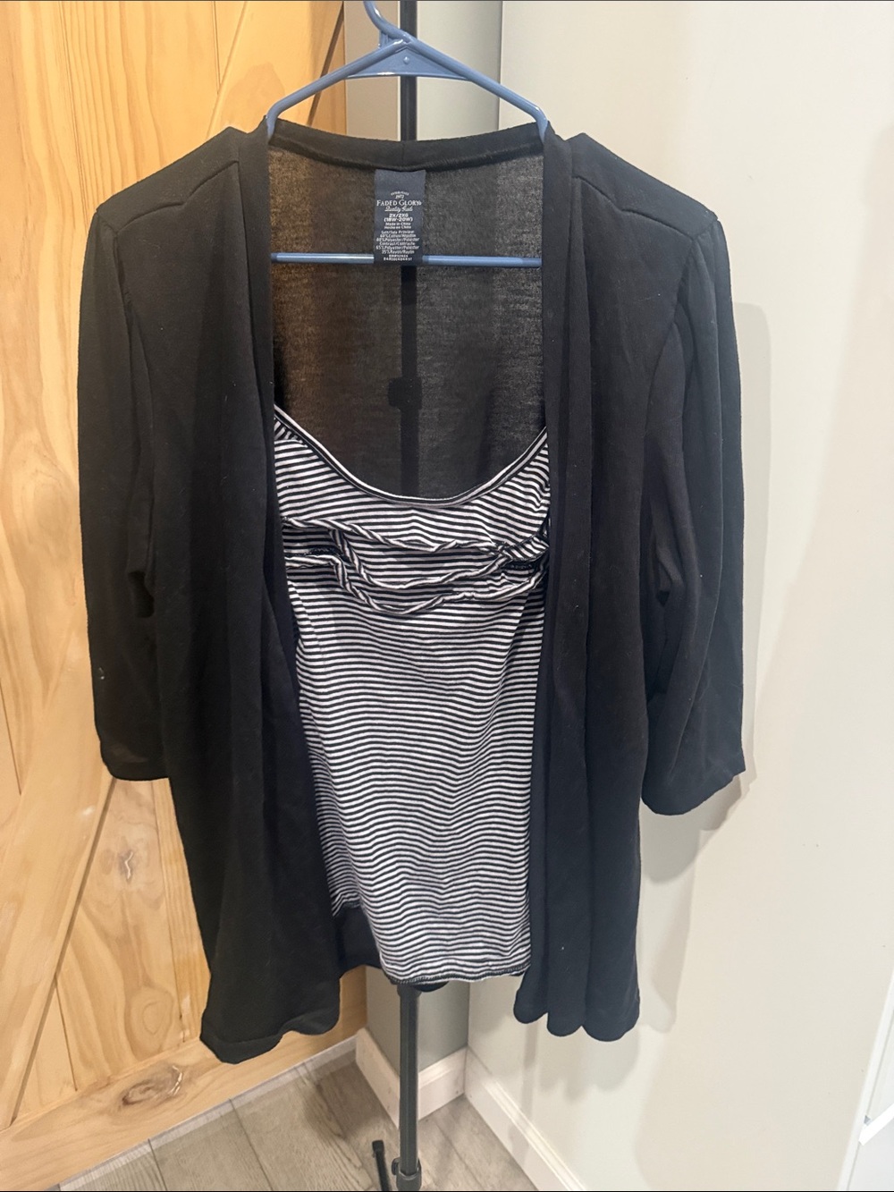 Faded Glory Black Cardigan with Black & White Striped Tank